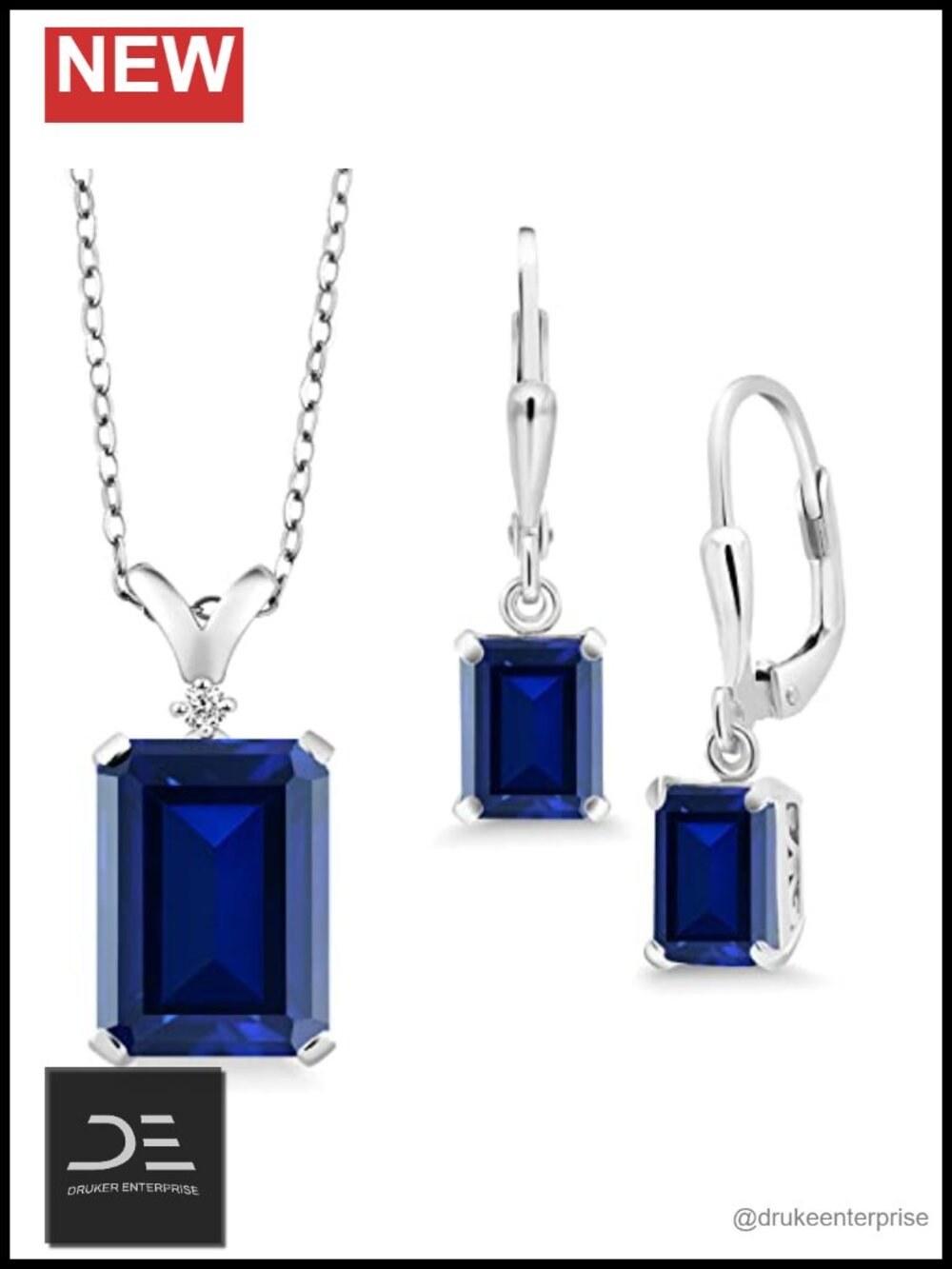 Emerald Cut Gemstone Pendant & Earrings Set 925 Sterling Silver 18in Chain